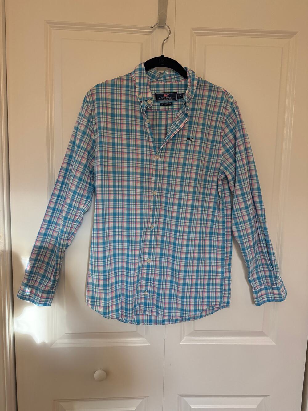 Vineyard Vines Boys Shirt Size L 16 Blue Pink Plaid Cotton Preppy Back to School